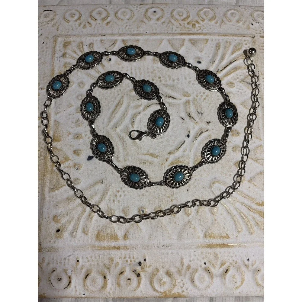 Western Boho Silver Tone Turquoise Color Concho Chain Cowgirl Belt 42”